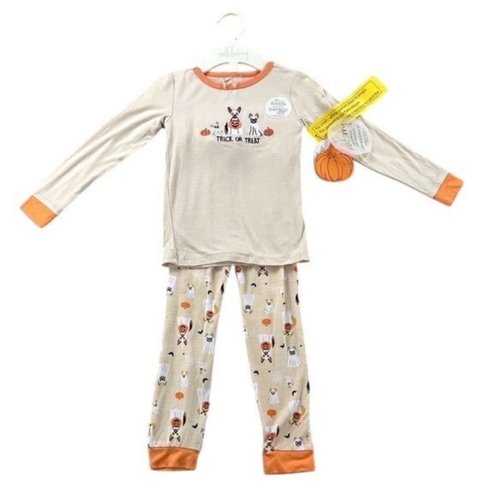 Milkberry Kids 2T Halloween Bamboo Pajama Set Tan Orange Ghost Dogs Trick Treat